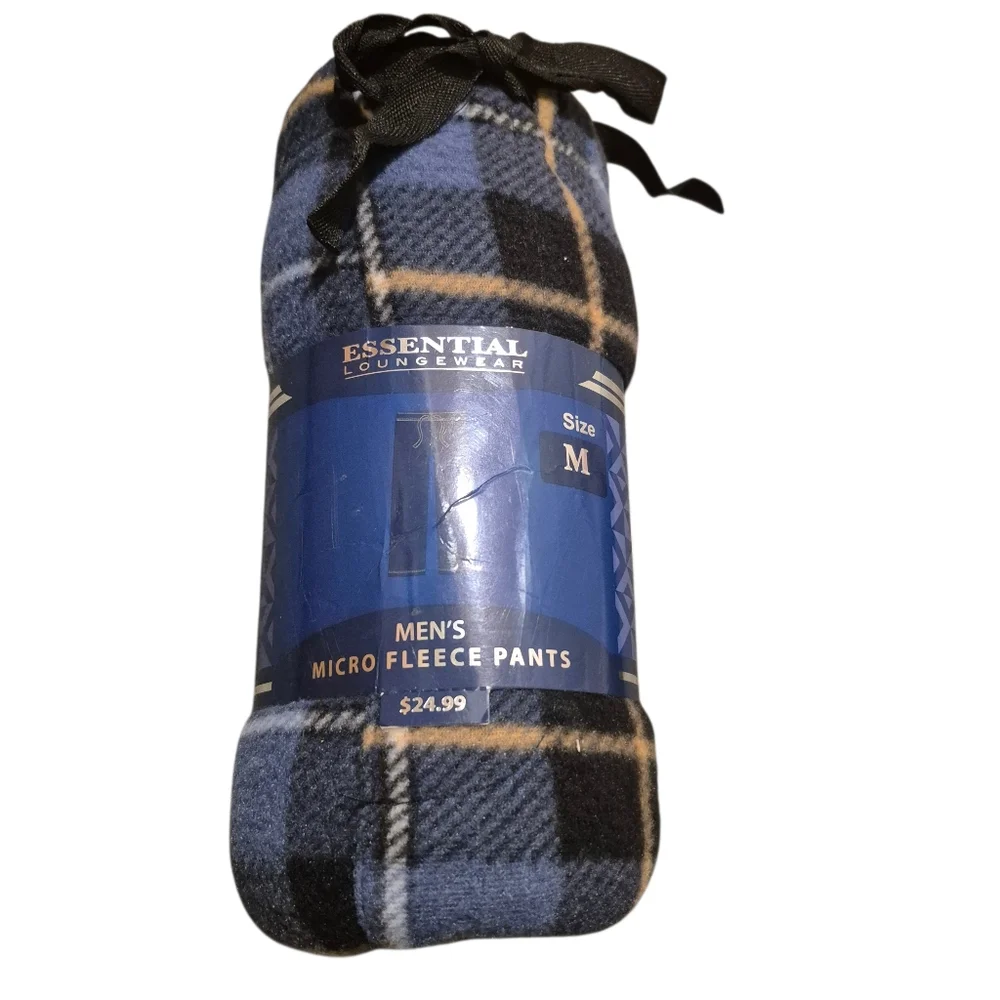 Men's Micro Fleece Pants Essential Loungewear Medium  Blue Plaid Drawstring New - Picture 8 of 9